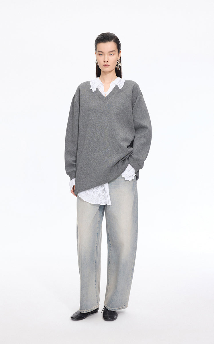 Dress / JNBY V-neck Long-Sleeve Cotton-Blend Dress Grey
