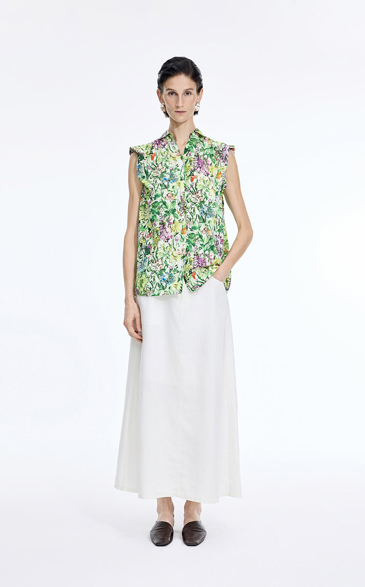 Dress / JNBY Watercolor Floral Sleeveless Shirt Dress Green