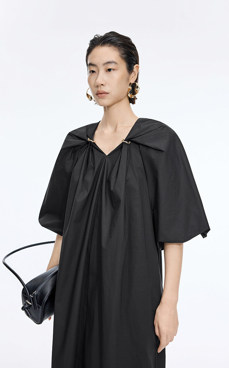 Dress / JNBY Cotton Poplin A-Line V-Neck Dress Black-3