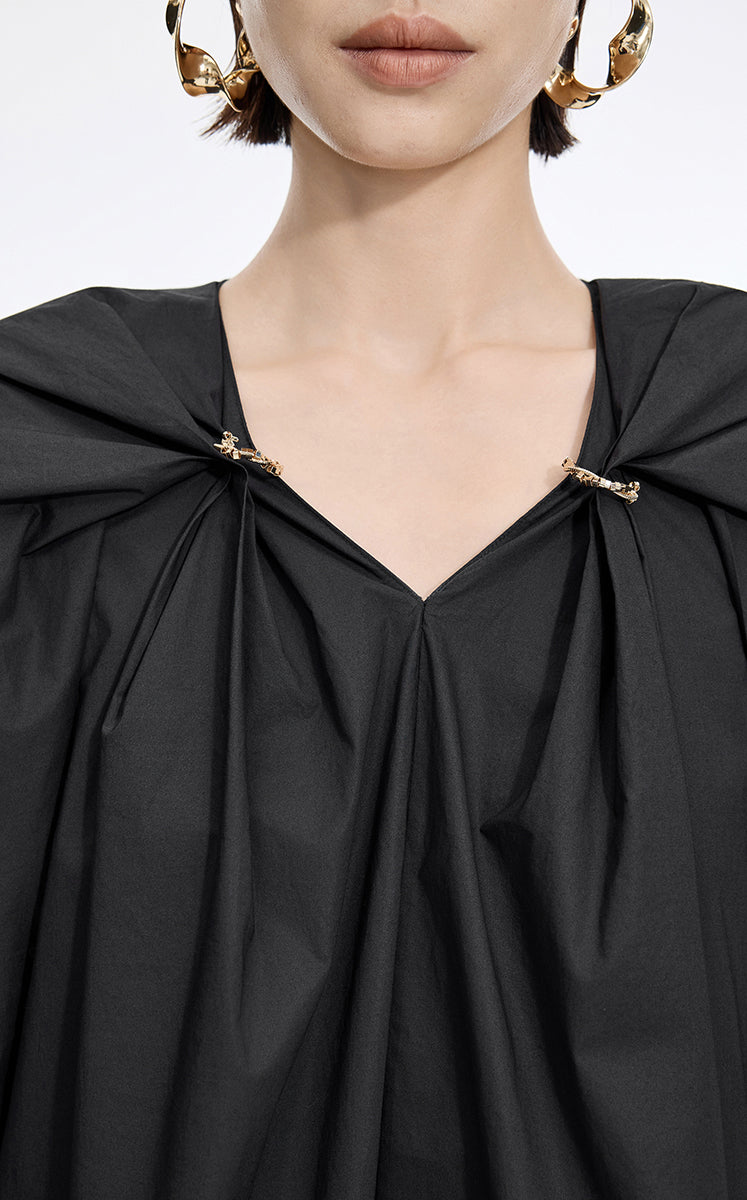 Dress / JNBY Cotton Poplin A-Line V-Neck Dress Black-3