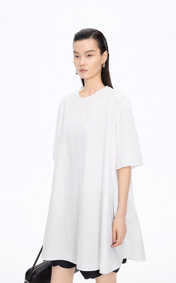 Dress / JNBY Floral Embroidered Cotton A-line Short Sleeve Dress Ecru-2