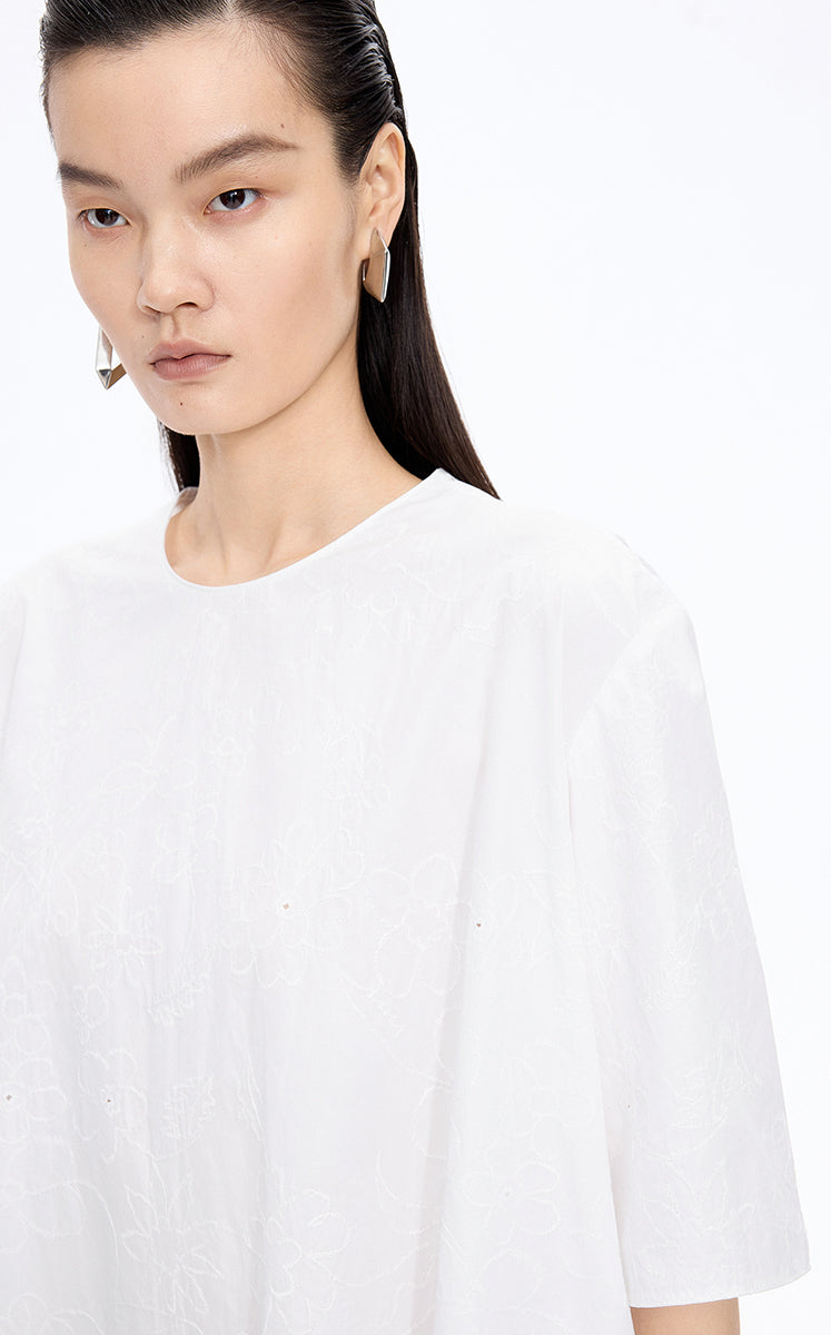 Dress / JNBY Floral Embroidered Cotton A-line Short Sleeve Dress Ecru-2