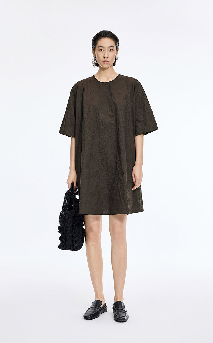 Dress / JNBY Floral Embroidered Cotton A-line Short Sleeve Dress Dark Taupe-1