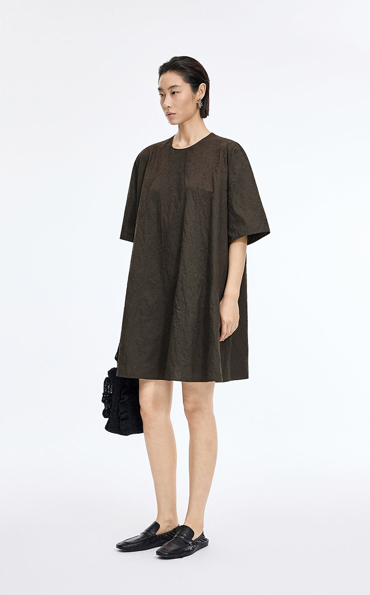 Dress / JNBY Floral Embroidered Cotton A-line Short Sleeve Dress Dark Taupe-1