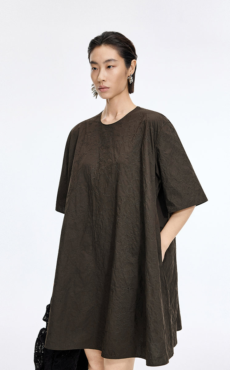 Dress / JNBY Floral Embroidered Cotton A-line Short Sleeve Dress Dark Taupe-1