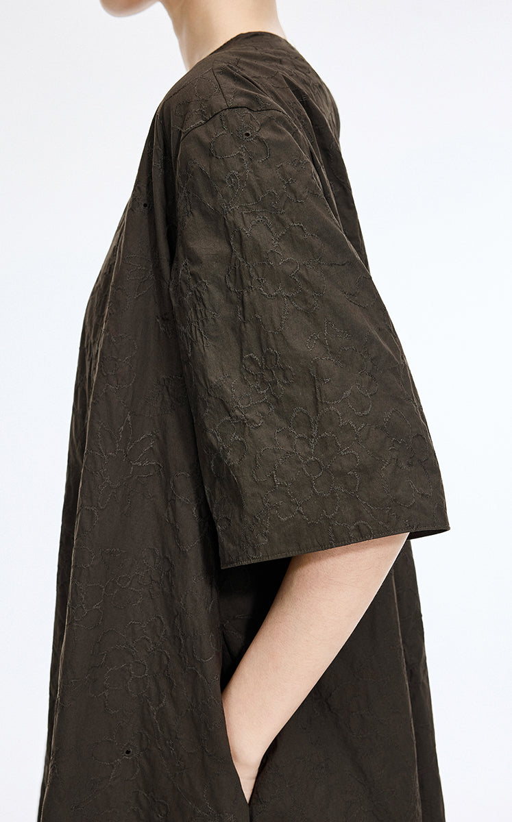 Dress / JNBY Floral Embroidered Cotton A-line Short Sleeve Dress Dark Taupe-1