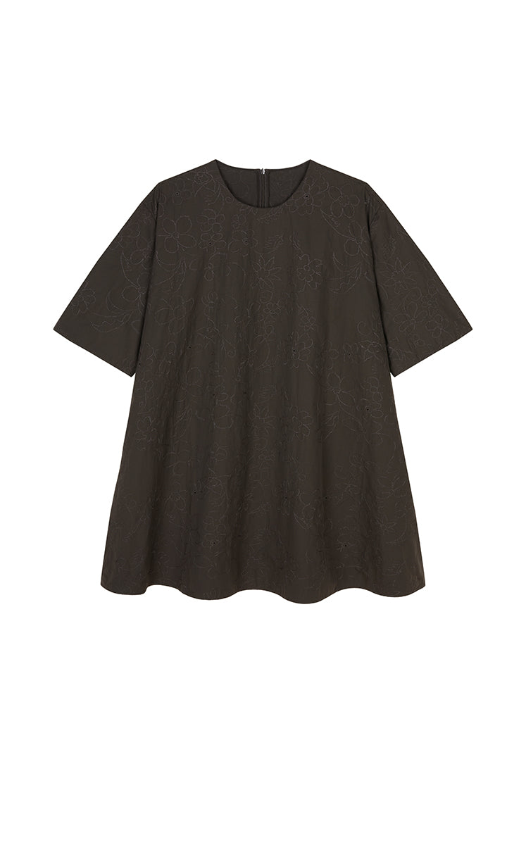 Dress / JNBY Floral Embroidered Cotton A-line Short Sleeve Dress Dark Taupe-1