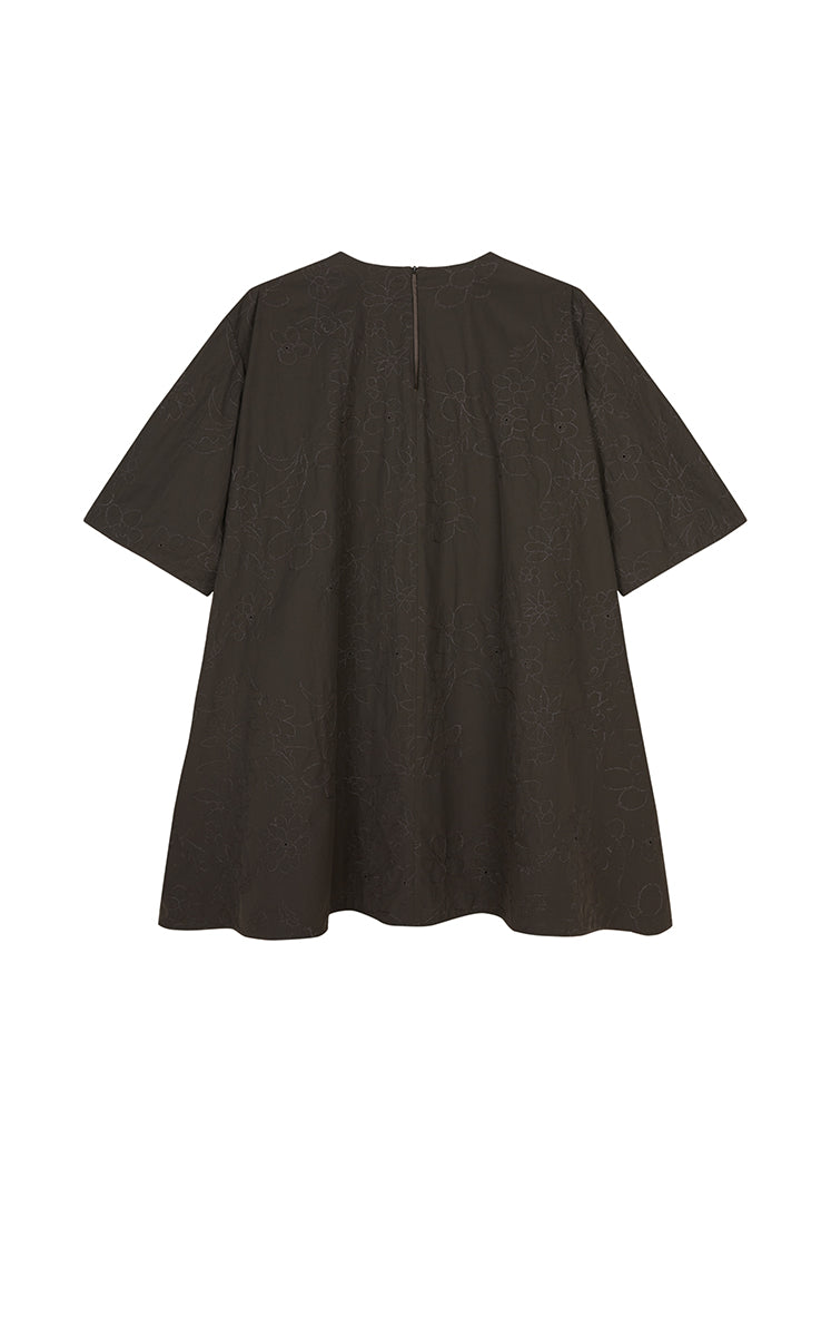 Dress / JNBY Floral Embroidered Cotton A-line Short Sleeve Dress Dark Taupe-1
