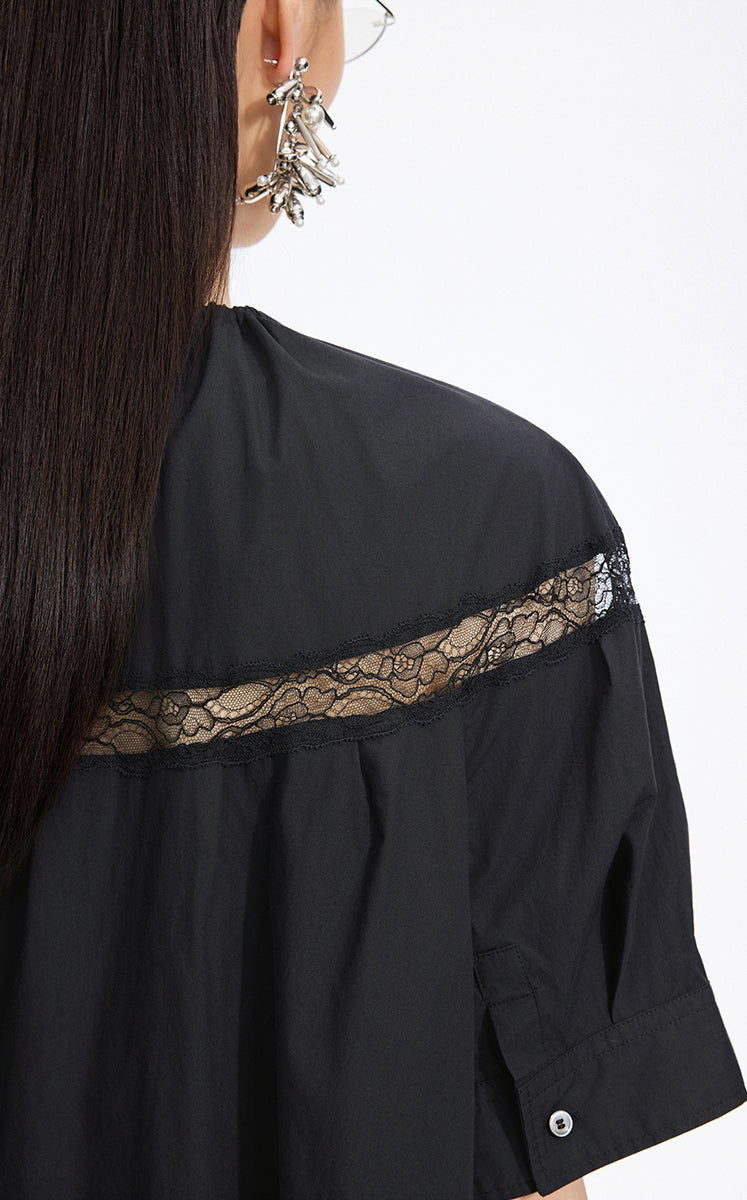 Dress / JNBY Lace Panel Twist V-Neck Dress Black-1