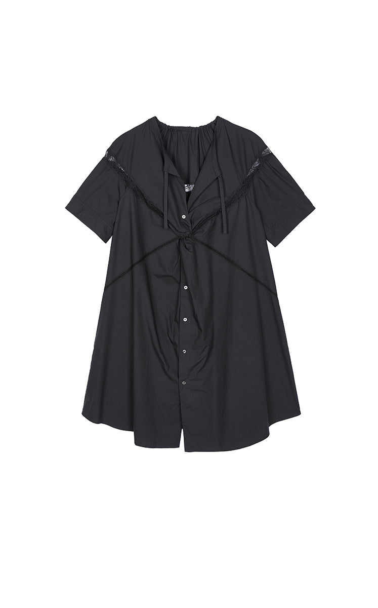 Dress / JNBY Lace Panel Twist V-Neck Dress Black-1