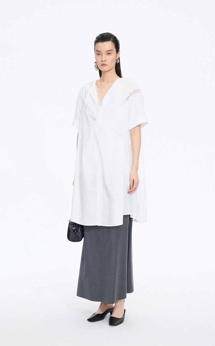 Dress / JNBY Lace Panel Twist V-Neck Dress Ecru-2