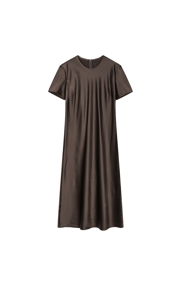 Dress / JNBY Silk Satin A-Line Short Sleeve Dress Dark Brown-1