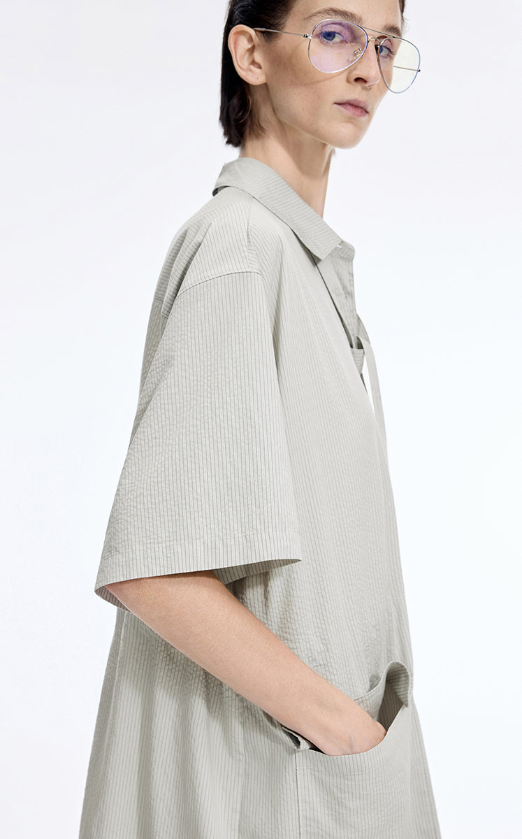 Dress / JNBY Textured Stripe Drawstring Shirt Dress Sage Green-1