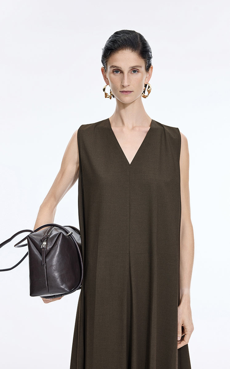 Dress / JNBY V-Neck Pleated Maxi Dress Dark Olive-2