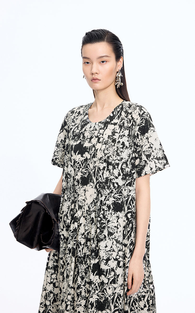 Dress / JNBY Watercolor Floral A-Line Dress Black & White-2