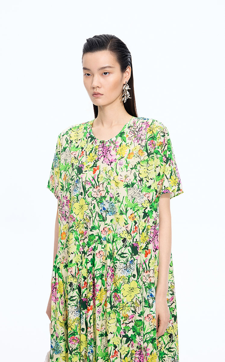 Dress / JNBY Watercolor Floral A-Line Dress Green-1