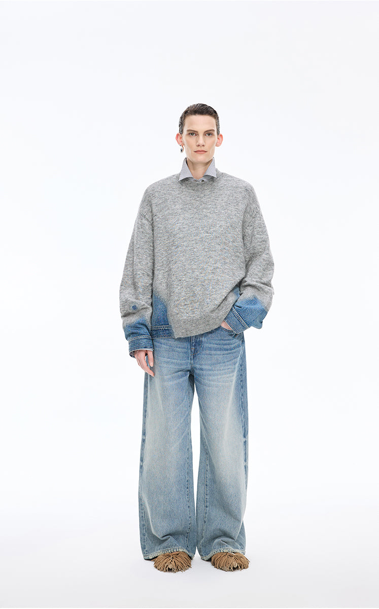 JNBY Oversized Knitted Denim Panel Pullover - Grey - front view -1