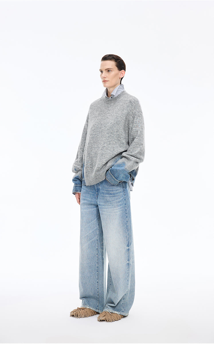 JNBY Oversized Knitted Denim Panel Pullover - Grey - [view] -1