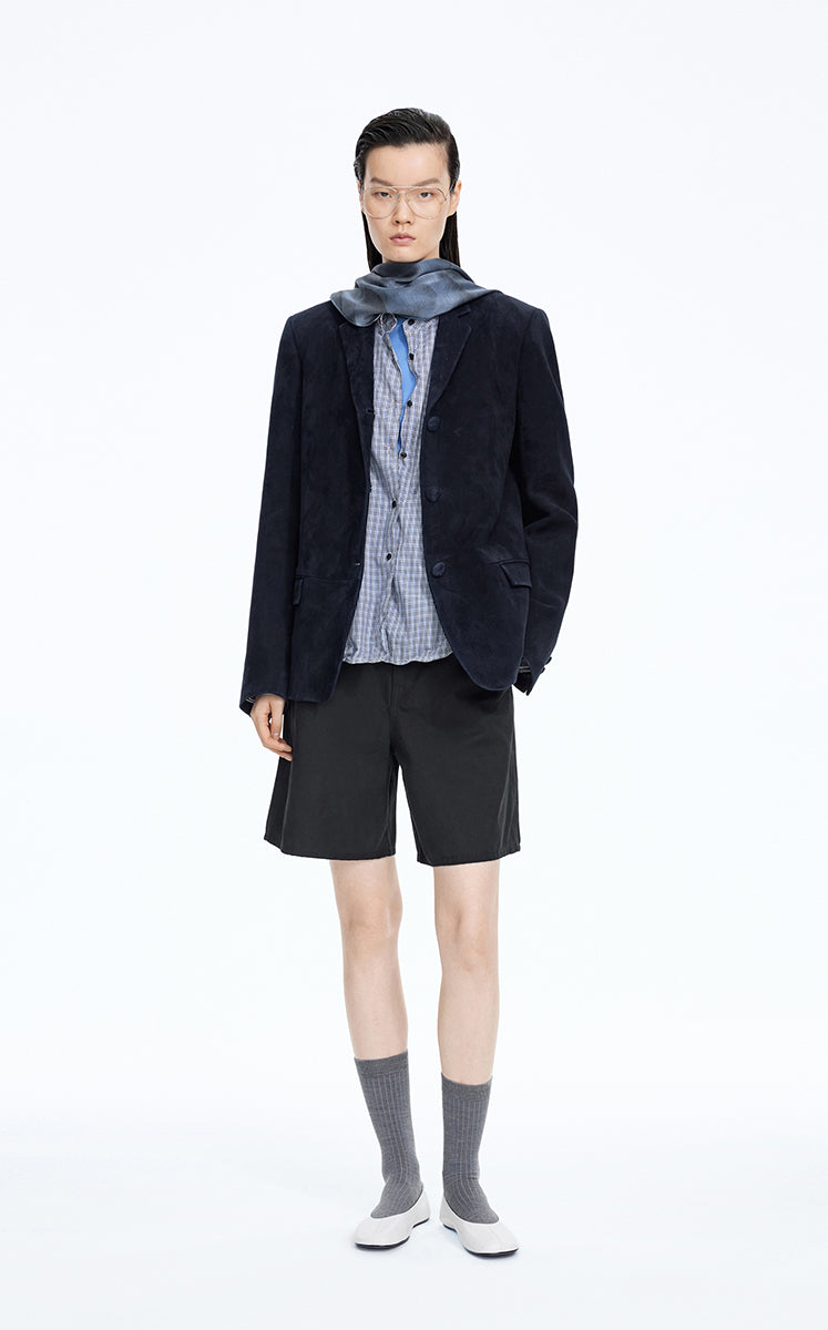 Jacket / JNBY Classic Notched Lapel Leather Blazer Dark Blue