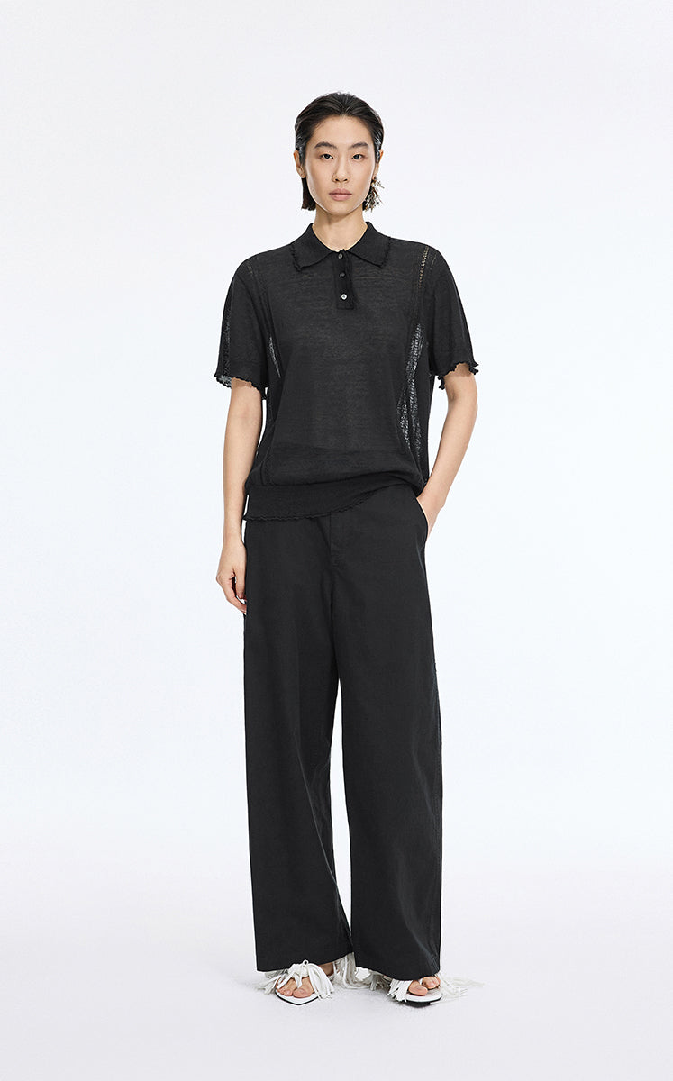 Knit Top / JNBY Linen Silk Polo Short Sleeve Sweater Black