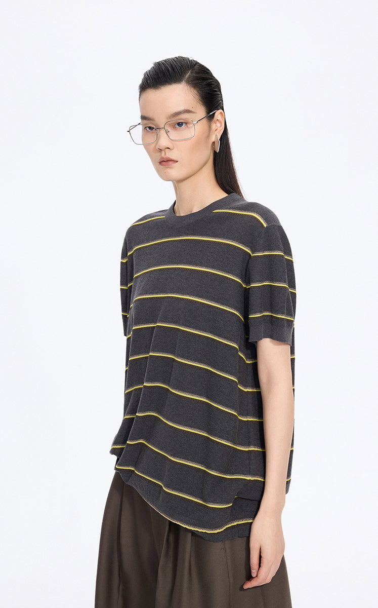 Knit / JNBY Striped Asymmetric Pullover Knit Grey Marl-2