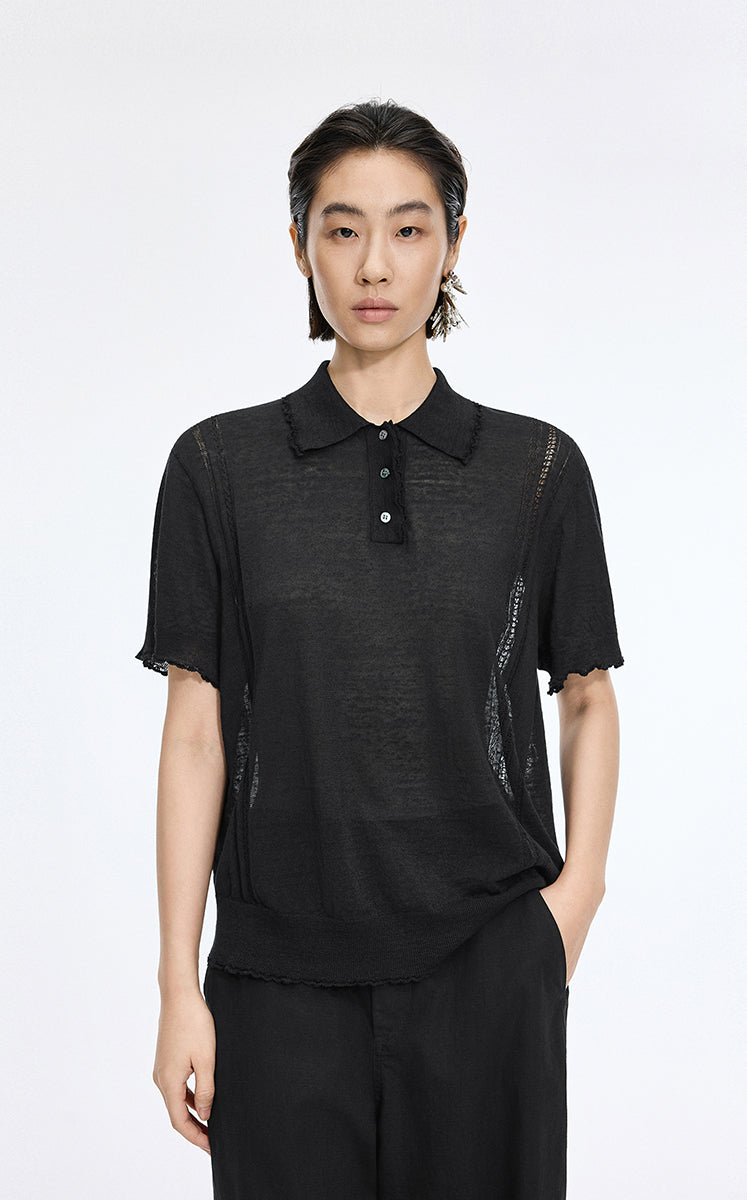Knit Top / JNBY Linen Silk Polo Short Sleeve Sweater Black-1