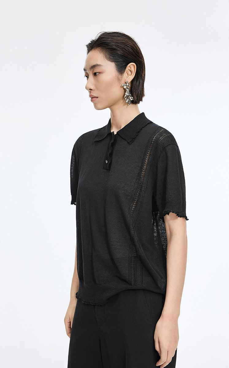 Knit Top / JNBY Linen Silk Polo Short Sleeve Sweater Black-1