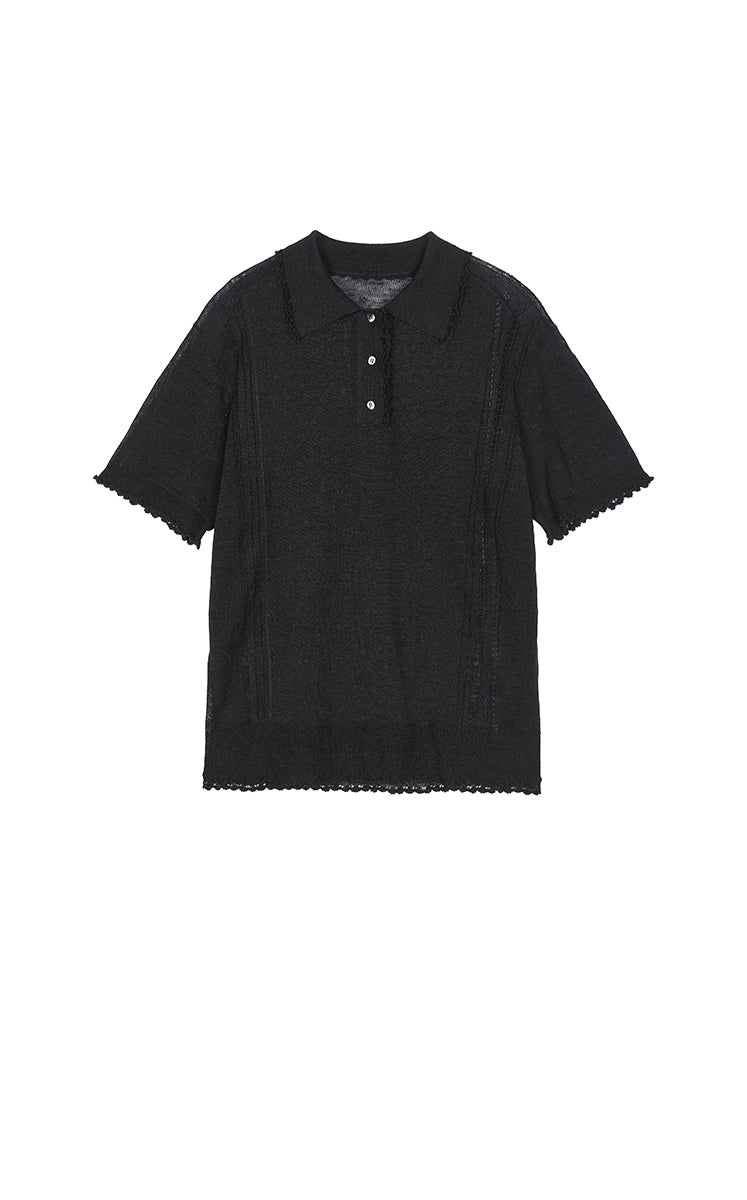 Knit Top / JNBY Linen Silk Polo Short Sleeve Sweater Black-1