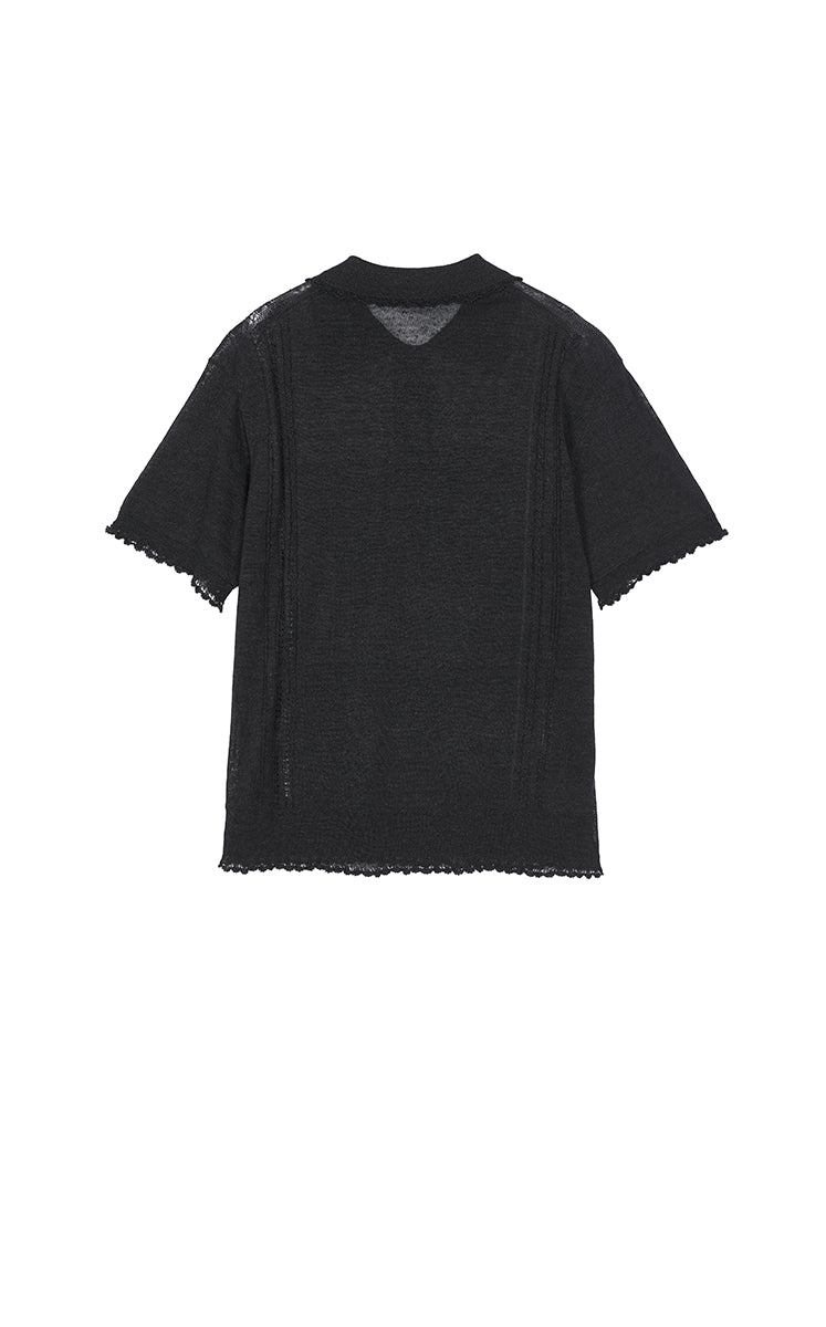 Knit Top / JNBY Linen Silk Polo Short Sleeve Sweater Black-1