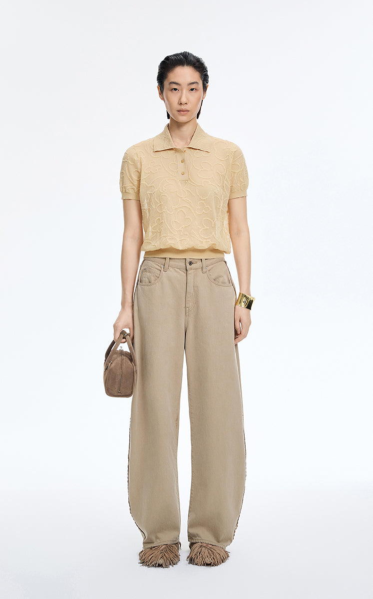Knitwear / JNBY Floral Jacquard Cropped Knit Top Light Khaki