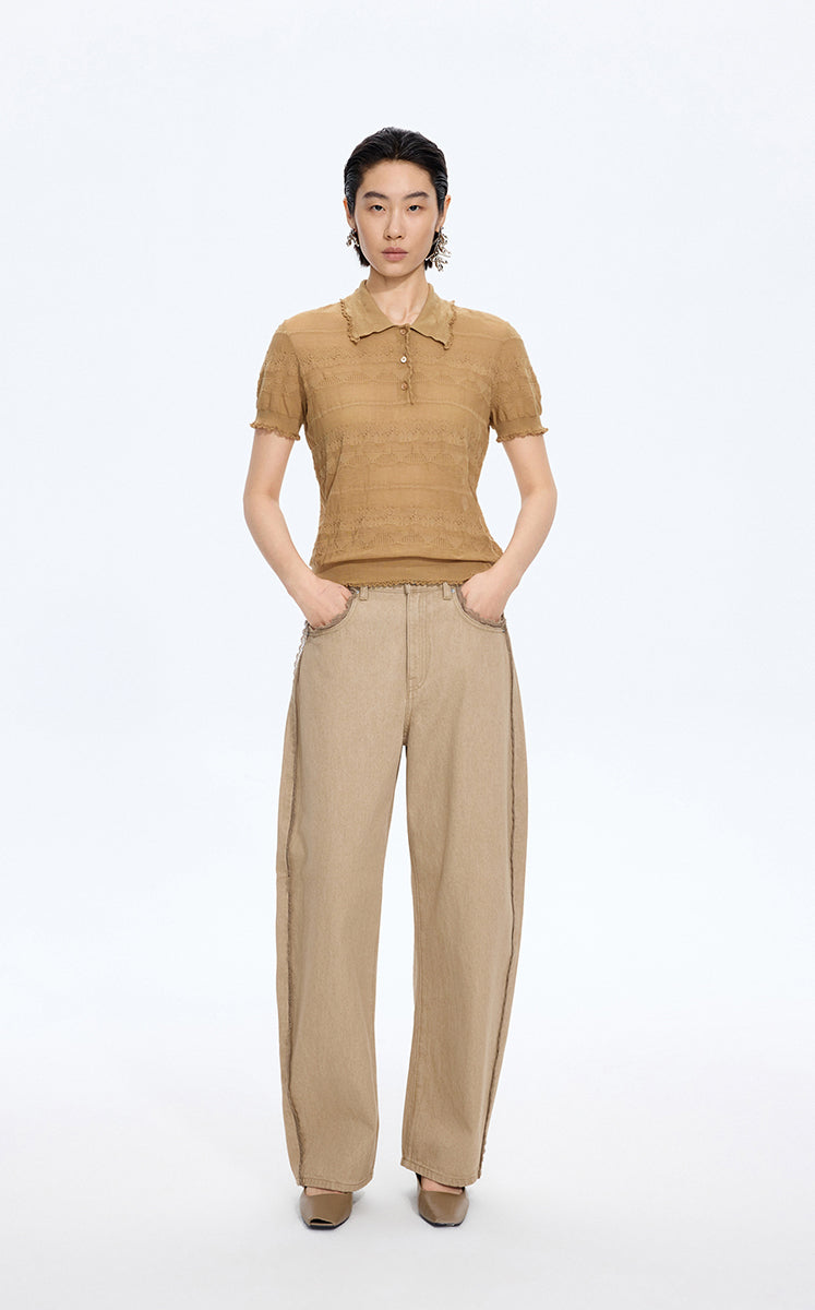 Knitwear / JNBY Textured Cotton Ruffle Knit Top Brown Khaki
