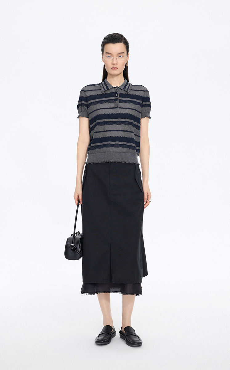 Knitwear / JNBY Textured Cotton Ruffle Knit Top Blue Grey