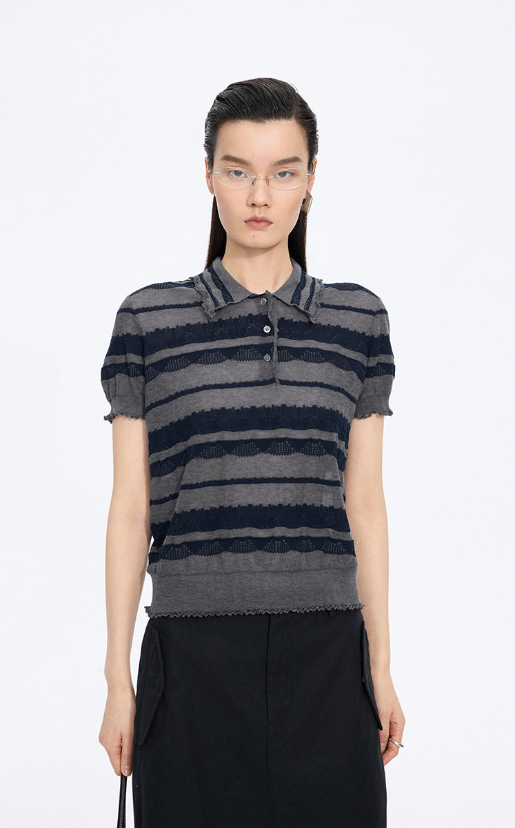 Knitwear / JNBY Textured Cotton Ruffle Knit Top Blue Grey-1