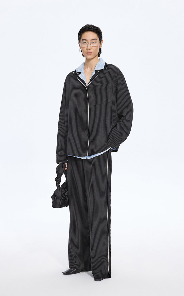 Pants / JNBY Cupro Straight-Leg Extra-Long Pants Black & White Stripe Check
