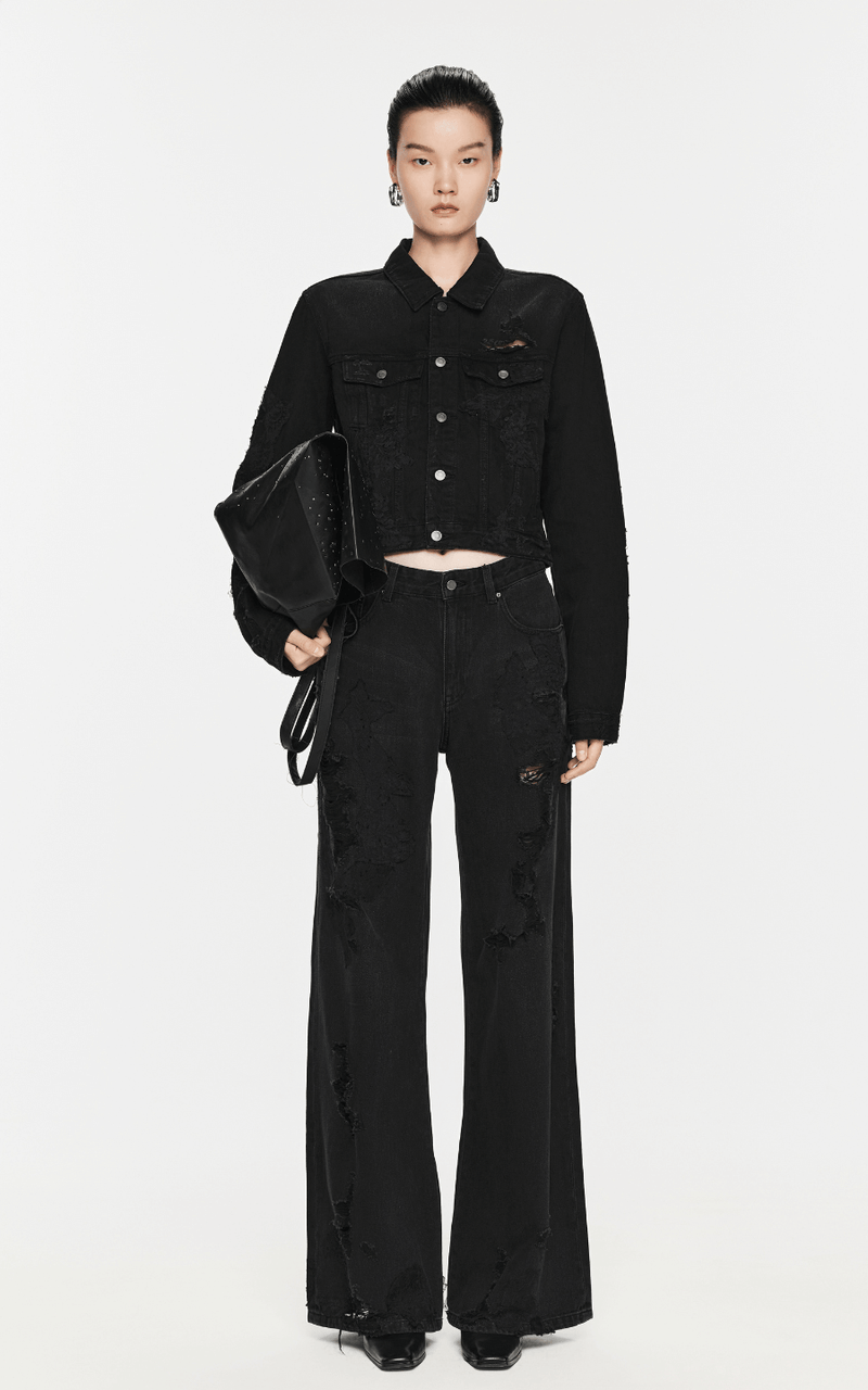 Pants / JNBY Distressed Wide-Leg Washed Jeans Dark washed denim