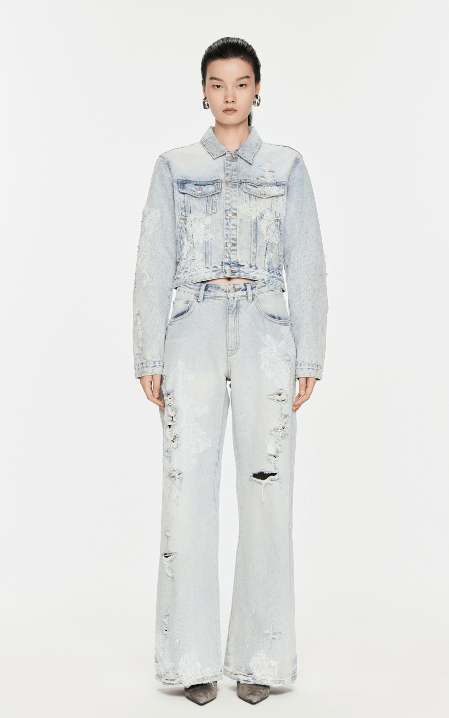 Pants / JNBY Distressed Wide-Leg Washed Jeans Light blue denim