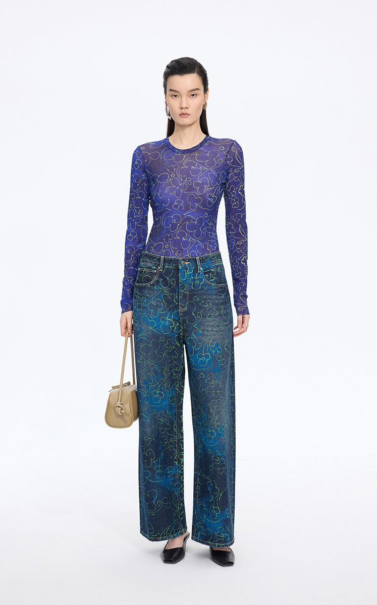 Pants / JNBY Floral Print Wide-Leg Jeans Teal