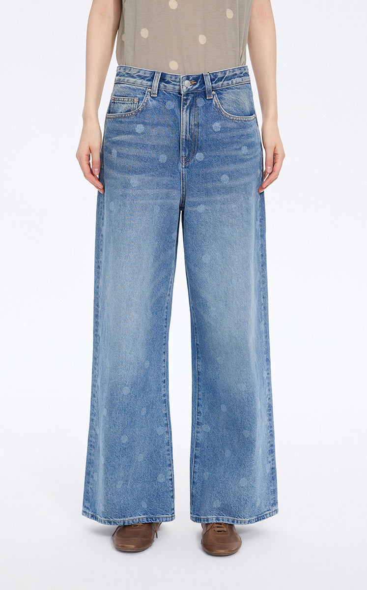 Pants / JNBY Polka-Dot Distressed Wide-Leg Jeans Washed Denim Blue