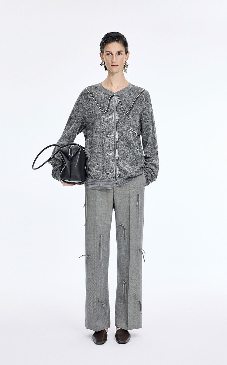 Pants / JNBY Relaxed Straight Wool Fringe Pants Black & White Stripe Check