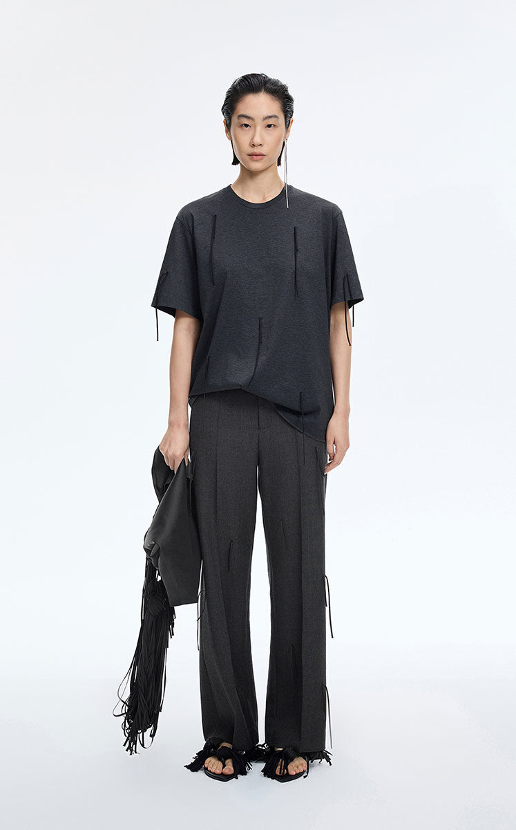 Pants / JNBY Relaxed Straight Wool Fringe Pants Dark Grey Marl