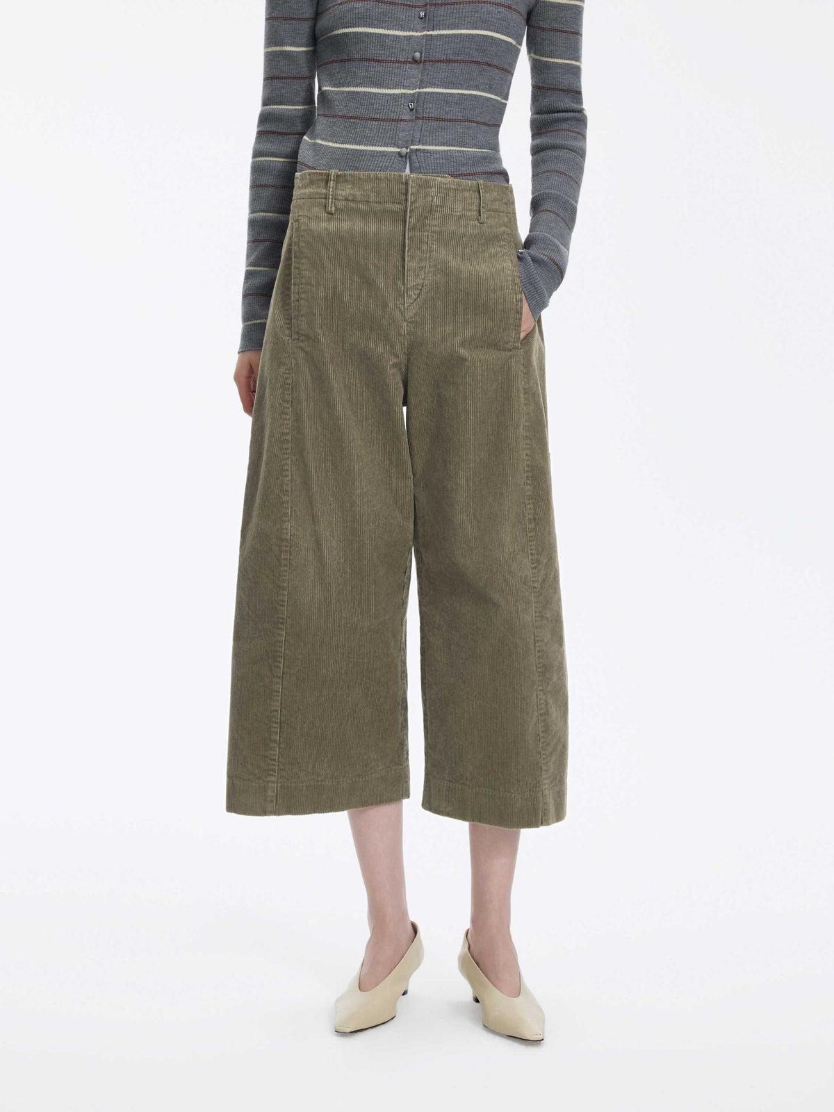 Pants / JNBY Cotton Corduroy Wide Leg Cropped Trousers Green Brown-1