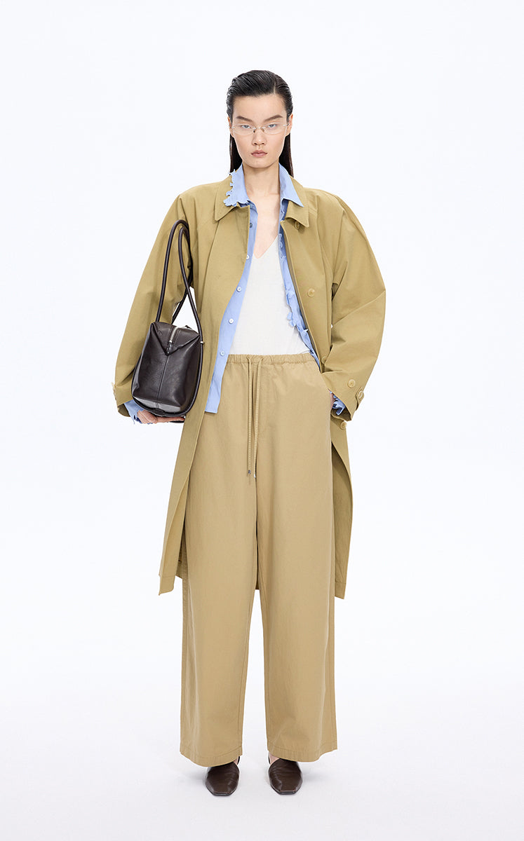 Pants / JNBY Cotton Poplin Drawstring Wide-Leg Pants Mustard Khaki-3