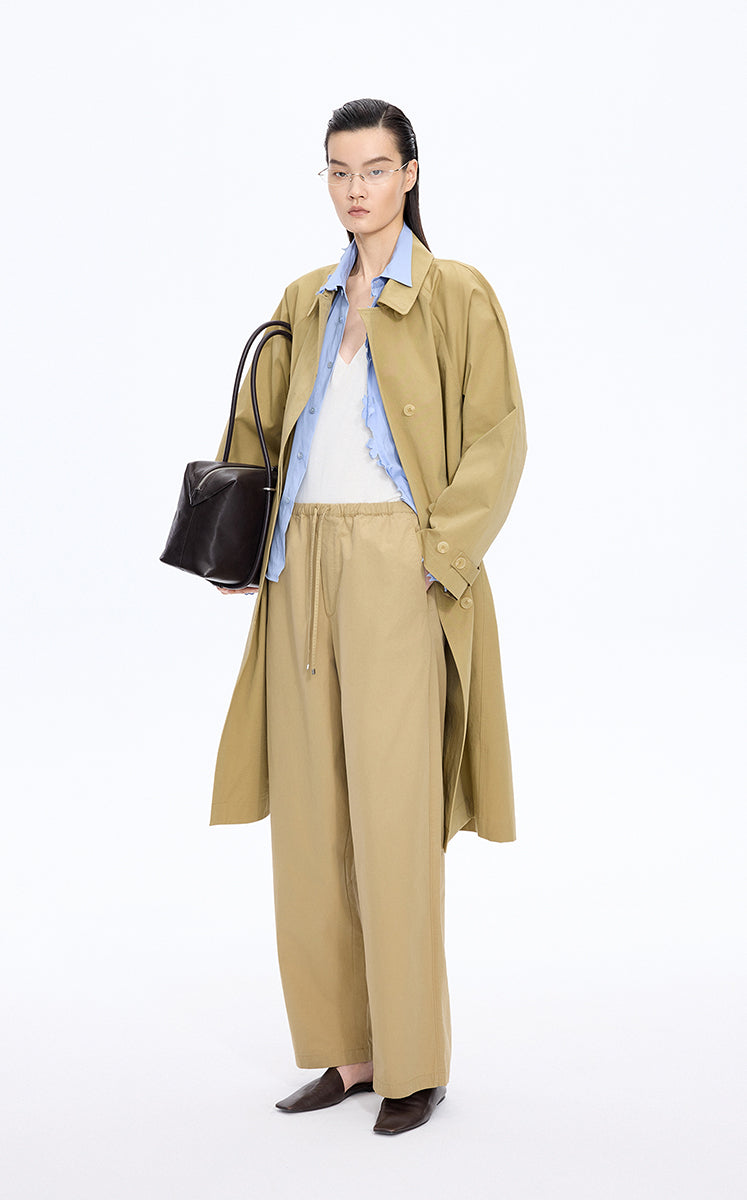 Pants / JNBY Cotton Poplin Drawstring Wide-Leg Pants Mustard Khaki-3