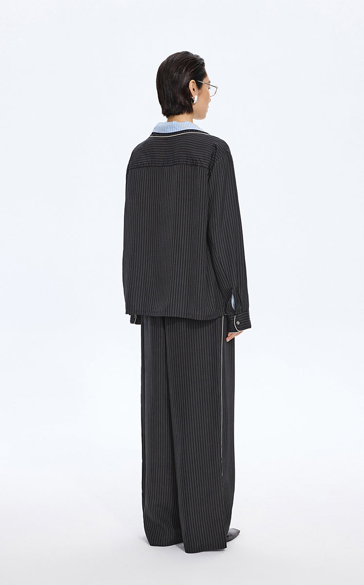 Pants / JNBY Cupro Straight-Leg Extra-Long Pants Black & White Stripe / Check-3