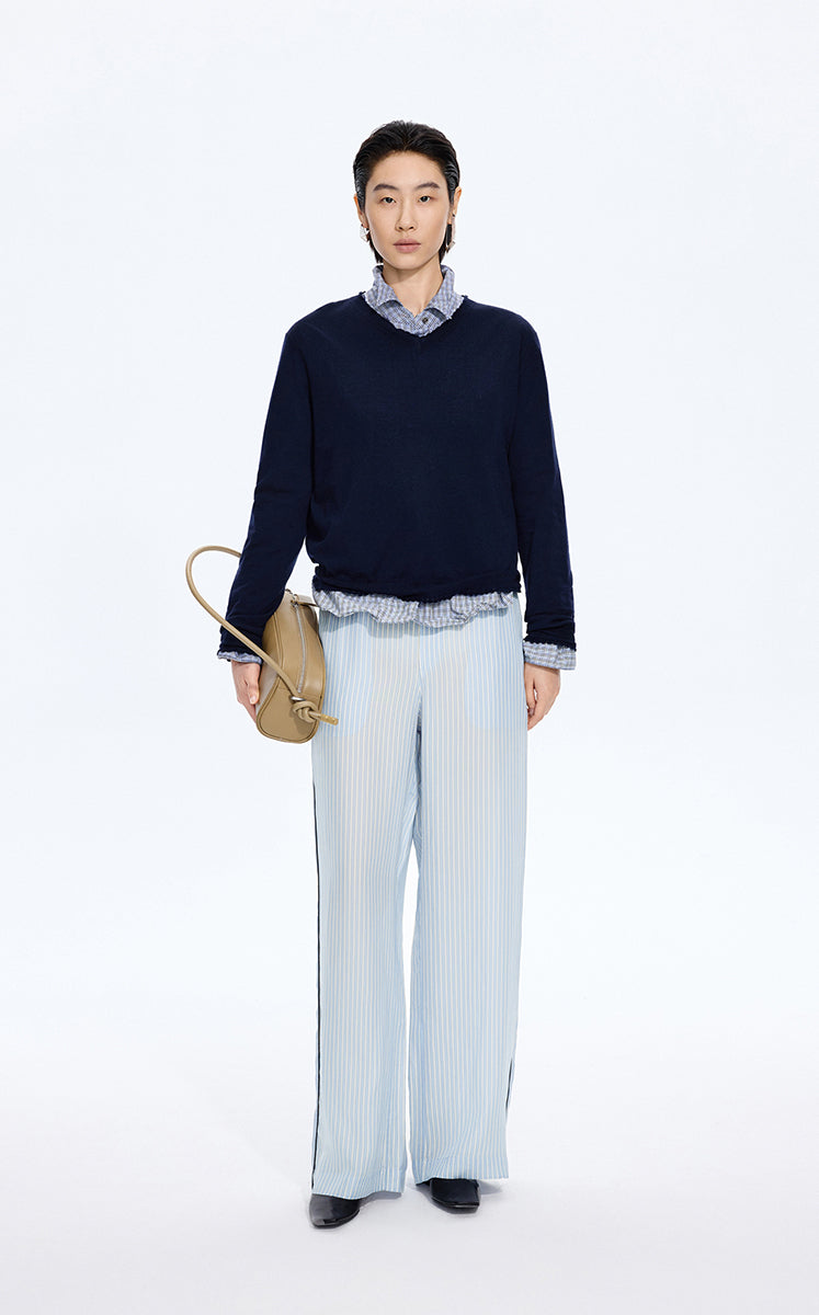 Pants / JNBY Cupro Straight-Leg Extra-Long Pants Blue & White Check-1