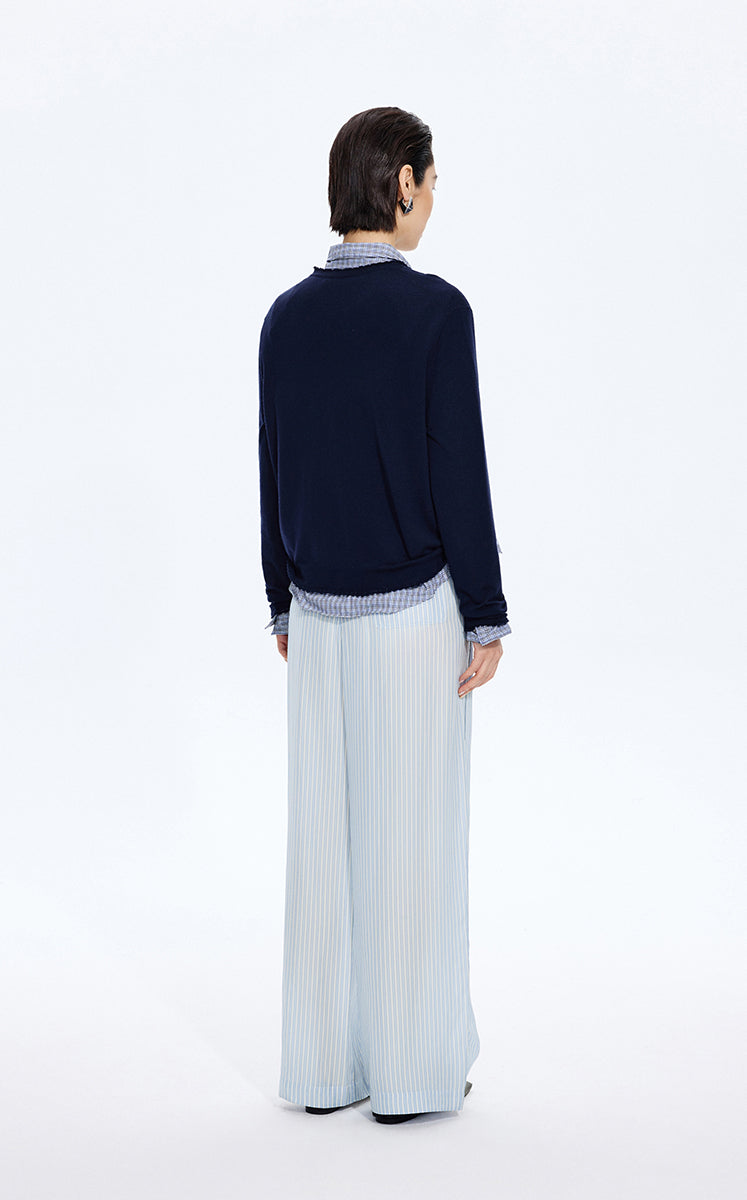 Pants / JNBY Cupro Straight-Leg Extra-Long Pants Blue & White Check-1