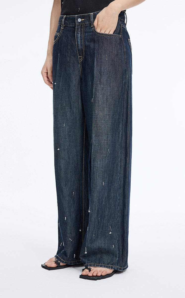 Pants / JNBY Embellished Wide-Leg Denim Jeans Dark Denim-1