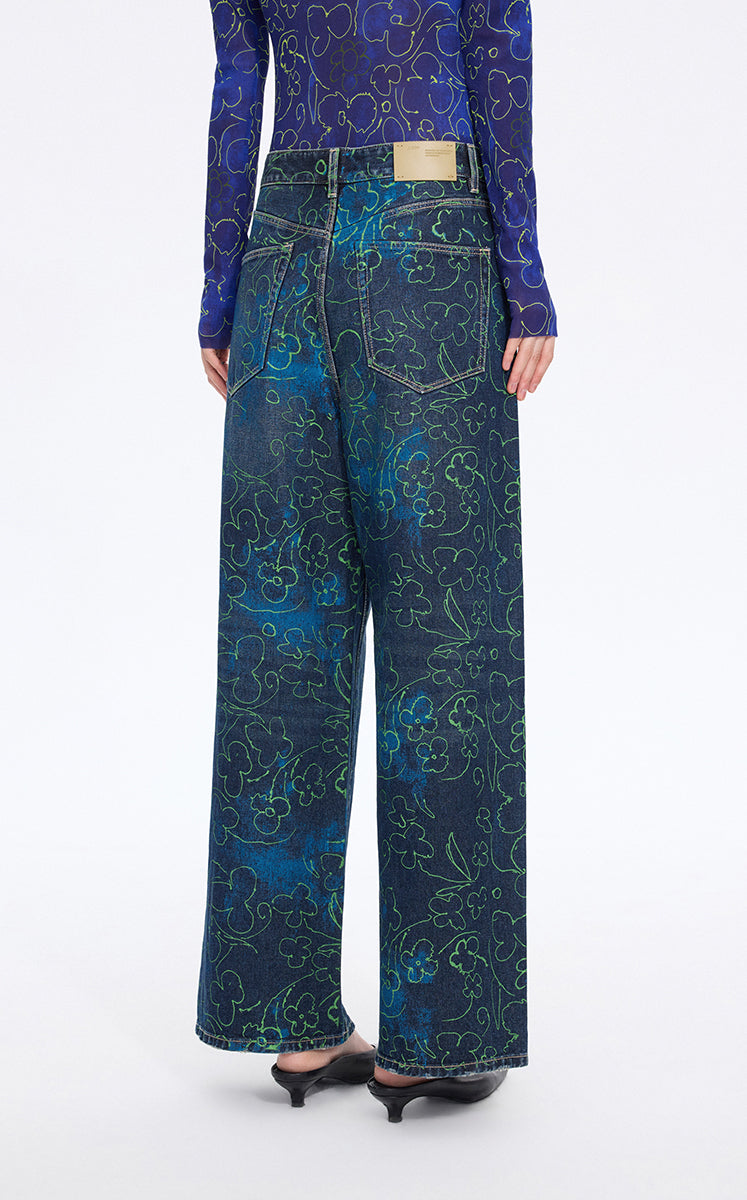 Pants / JNBY Floral Print Wide-Leg Jeans Teal-1