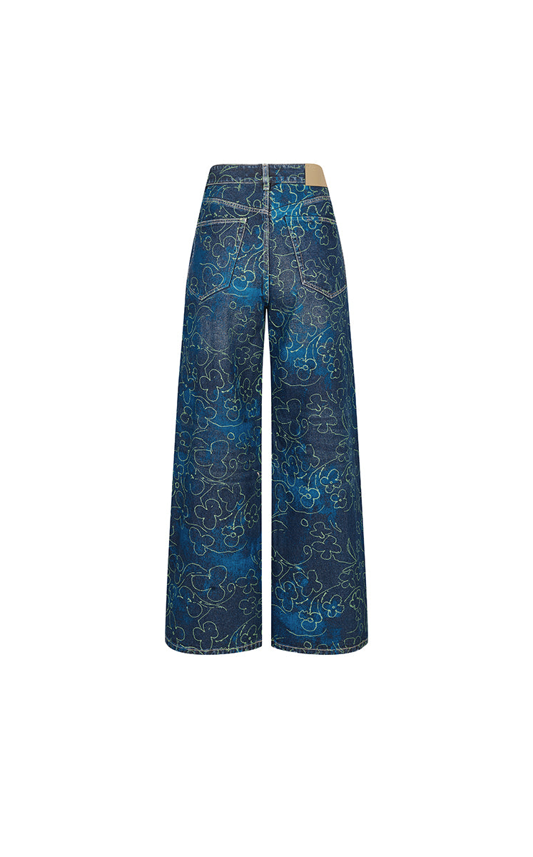 Pants / JNBY Floral Print Wide-Leg Jeans Teal-1