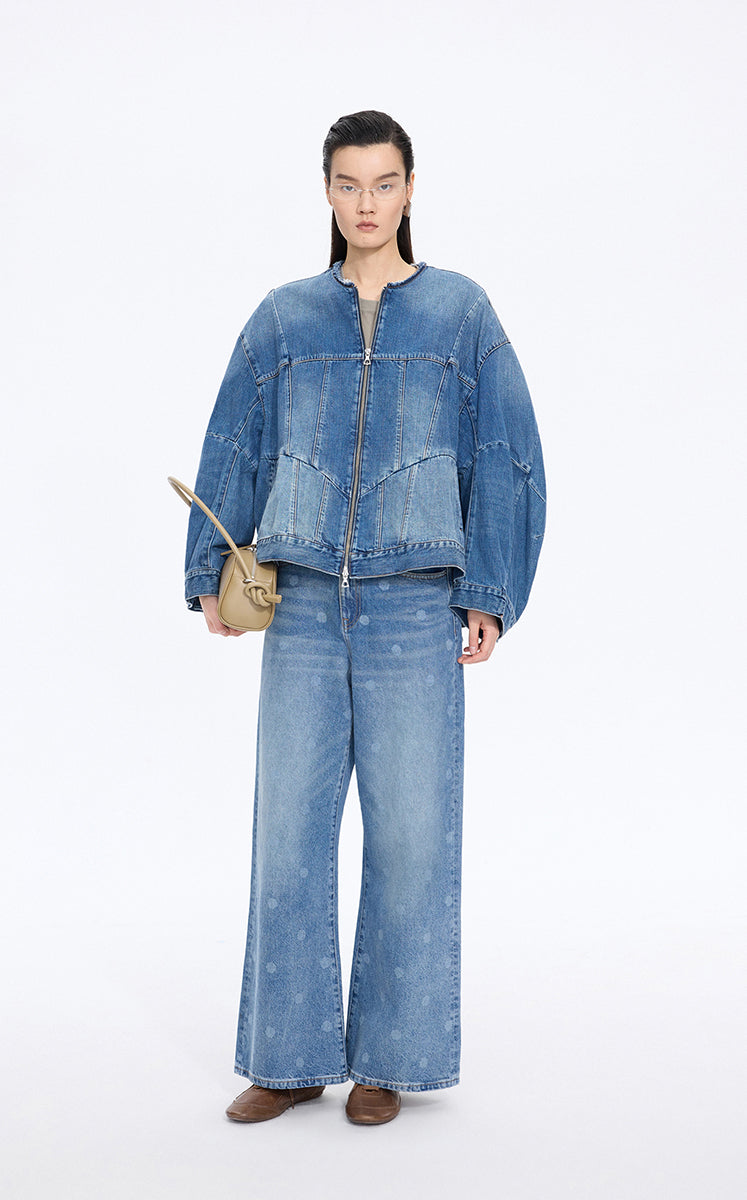 Pants / JNBY Polka-Dot Distressed Wide-Leg Jeans Washed Denim Blue-2